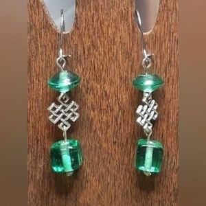HANDMADE Sea Green Glass & Silver Celtic Knot Beaded Dangle Earrings